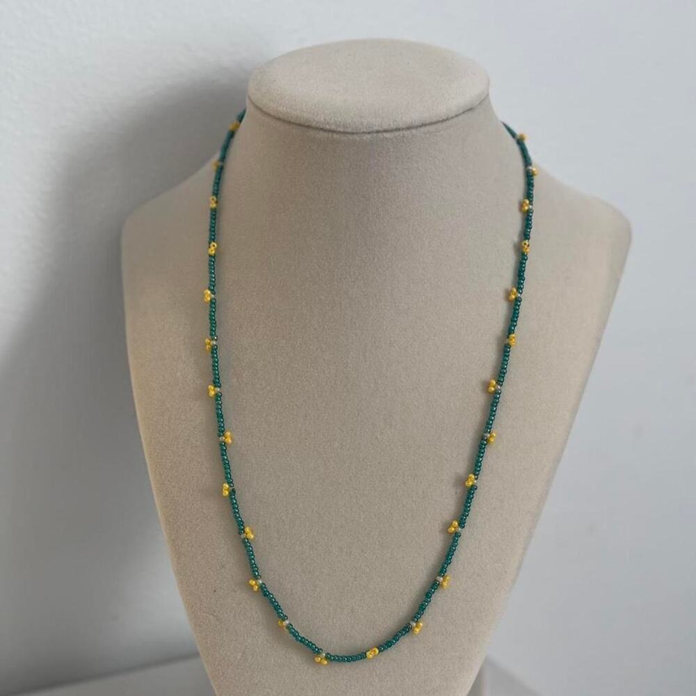 Green Yellow Beaded Necklace Handmade Colorful Jewelry Unique Artisan Gift - Picture 4 of 4